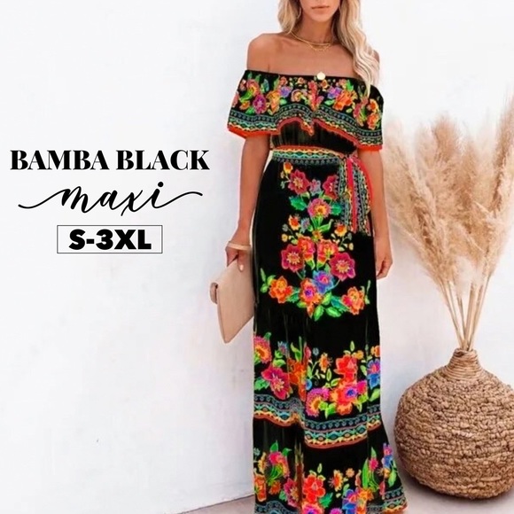 S-3XL Bamba Boho Maxi 2 floral / 2 ombré whimsy destination resort dress black - Picture 3 of 16